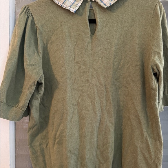 LOFT Green Top with Blue Plaid Collar - Picture 3 of 3